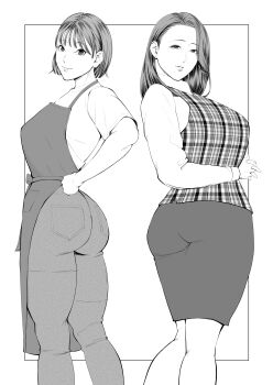 2girls apron ass breasts collared_shirt denim earrings feet_out_of_frame hands_on_own_hips highres huge_ass jeans jewelry large_breasts lips looking_at_viewer mature_female medium_breasts medium_hair mole mole_under_mouth monochrome multiple_girls own_hands_clasped pants parted_lips pencil_skirt plaid_clothes plaid_vest shiono_kou shirt skirt stud_earrings t-shirt twisted_torso vest