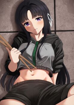 1girl absurdres ahoge awa_subaru black_hair black_shorts breasts commentary_request drumsticks film_grain girls_band_cry grey_jacket hair_ribbon highres holding holding_drumsticks jacket long_hair long_sleeves medium_breasts midriff multicolored_jacket nanafuku parted_bangs purple_eyes ribbon shorts sidelocks solo tongue tongue_out two-tone_jacket white_ribbon