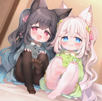 2girls animal_ear_fluff animal_ears black_hair black_pantyhose blonde_hair blue_dress blue_eyes blue_hair borrowed_character bow collared_dress commission crossed_bangs dress fang feet foot_focus fox_ears fox_girl furrowed_brow gradient_hair green_dress hair_between_eyes hair_bow hands_on_own_knees highres kindergarten_uniform loli long_hair looking_at_viewer multicolored_hair multiple_girls name_tag no_shoes open_mouth original pantyhose pink_bow pink_eyes pink_pupils presenting_foot sitting skeb_commission smile smock smug twintails two-tone_hair very_long_hair white_pantyhose yinpa_(wanone500511)