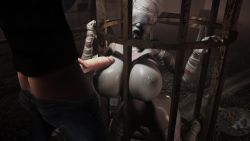 1boy 1girl 3d almightypatty animated bandaged_arm bandaged_head bandaged_leg bandages bandages_over_eyes blindfold blood blood_stain breasts cage clothes_pull colored_skin grey_skin hat head_out_of_frame heavy_breathing hetero highres huge_breasts kneeling monster_girl night nipples nude nurse nurse_(silent_hill) nurse_cap open_mouth outdoors pants pants_pull penis penis_to_breast silent_hill sound tagme tongue tongue_out uncensored video