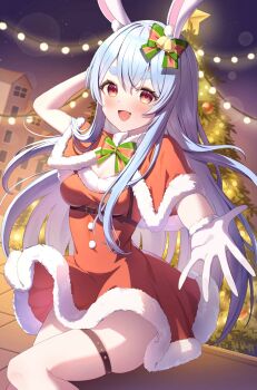 1girl alternate_costume animal_ears blue_hair breasts christmas_tree cleavage commentary_request dress fur-trimmed_dress fur_trim gloves highres hololive long_hair looking_at_viewer mikumineko open_mouth outstretched_arm rabbit_ears rabbit_girl red_dress santa_costume santa_dress sidelocks small_breasts smile solo thigh_strap usada_pekora very_long_hair virtual_youtuber white_gloves yellow_eyes