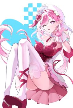 1girl ;) absurdres baba_55 beret breasts cleavage commentary diamond-shaped_pupils diamond_(shape) dress earrings elf elysia_(hi_love_elf)_(honkai_impact) elysia_(honkai_impact) gloves hat heart heart_earrings high_heels highres honkai_(series) honkai_impact_3rd jewelry large_breasts long_hair looking_at_viewer multicolored_hair one_eye_closed pink_gloves pink_hair pointy_ears purple_eyes red_dress smile solo symbol-only_commentary symbol-shaped_pupils thighhighs thighs two-tone_hair very_long_hair white_hair white_thighhighs