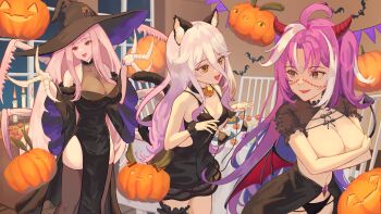 Rule 34 | 3girls, absurdres, ahoge, animal ears, arthropod girl, arthropod limbs, bare shoulders, bell, black dress, black panties, black thighhighs, breasts, cake, candle, cat ears, cat tail, chair, cleavage, cockroach girl, commentary, covering breasts, covering privates, demon horns, demon tail, demon wings, dress, english commentary, food, frilled thigh strap, gradient hair, grey hair, hair between eyes, halloween, halloween costume, hat, henya the genius, highres, horns, large breasts, leotard, long bangs, long hair, matara kan, michi mochievee, monster girl, mozzu123, multicolored hair, multiple girls, neck bell, open mouth, panties, patchwork skin, pink hair, pumpkin, purple hair, red eyes, ringed eyes, see-through cleavage, see-through clothes, see-through leotard, sidelocks, small breasts, stitched face, stitches, streaked hair, table, tail, thick thighs, thigh strap, thighhighs, thighs, underwear, very long hair, virtual youtuber, vshojo, white hair, wings, witch hat, yellow eyes