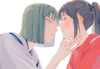 Rule 34 | 1boy, 1girl, aegyo sal, black hair, blunt bangs, blunt ends, blush, bob cut, choppy bangs, clothing cutout, commentary request, couple, from side, green eyes, green hair, hair tie, haku (sen to chihiro no kamikakushi), hand on another's cheek, hand on another's face, hareko sun, hetero, imminent kiss, japanese clothes, kariginu, looking at another, ogino chihiro, parted lips, ponytail, red shirt, sen to chihiro no kamikakushi, shirt, short hair, shoulder cutout, sidelocks, smile, straight hair, studio ghibli, upper body, white background, white shirt