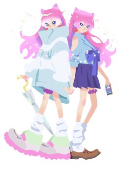 2girls back-to-back blue_bow blue_eyes blue_shirt blue_skirt bow brown_shoes clothing_cutout collared_shirt cone_hair_bun crescent double_bun dual_persona earrings fuufu_ijou_koibito_miman. hair_bun hashtag-only_commentary heart heart_earrings highres holding holding_hands holding_phone holding_umbrella jacket jewelry kojima_hirokazu multiple_girls official_artist_extra phone pink_hair pink_nails pleated_skirt raincoat shirt shirt_tucked_in shoes shoulder_cutout skirt smile socks star_(symbol) thigh_scrunchie umbrella watanabe_akari white_background white_jacket white_raincoat white_shoes white_socks