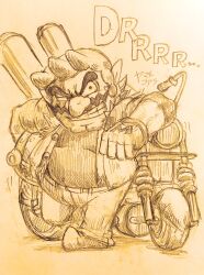 Rule 34 | 1boy, big nose, cleft chin, facial hair, gloves, grin, highres, leaning against motorcycle, motor vehicle, motorcycle, mustache, nintendo, pants, pointy ears, shirt, sketch, smile, thick eyebrows, traditional media, wario, warioware, yamato koara
