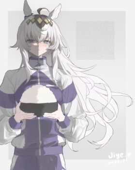 1girl ahoge animal_ears blue_eyes blush bowl closed_mouth ear_ornament glutton grey_hair hair_between_eyes hair_ornament hairband highres holding holding_bowl horse_ears horse_girl jacket jiye_p1 kasamatsu_tracen_training_uniform long_hair long_sleeves looking_at_viewer multicolored_hair multicolored_jacket oguri_cap_(umamusume) pants purple_pants purple_track_suit rice rice_bowl simple_background solo track_jacket track_pants track_suit two-tone_jacket umamusume umamusume:_cinderella_gray