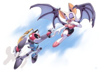 1boy 1girl absurdres adam_bryce_thomas animal_ears bat_ears bat_wings boots breasts cleavage closed_eyes full_body furry furry_female gloves highres large_breasts open_mouth pink_boots robot rouge_the_bat sonic_(series) teeth thigh_boots two-tone_footwear upper_teeth_only white_footwear white_gloves wings