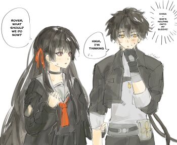 .osari 1boy 1girl artist_name black_choker black_gloves black_hair black_jacket black_shirt black_skirt chisa_(wuthering_waves) choker english_text gloves grey_shirt hair_between_eyes hair_ribbon highres holding_another&#039;s_arm jacket long_hair looking_at_another male_rover_(wuthering_waves) red_eyes red_ribbon ribbon rover_(wuthering_waves) sailor_collar shirt simple_background skirt white_background white_sailor_collar wuthering_waves yellow_eyes