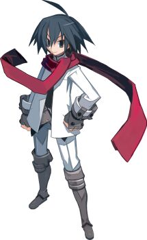 1boy ahoge almaz_von_almadine_adamant black_eyes boots disgaea fingerless_gloves full_body gloves hair_between_eyes hand_on_own_hip harada_takehito long_sleeves looking_at_viewer makai_senki_disgaea_3 male_focus official_art pants red_scarf scarf sidelocks smile solo third-party_edit third-party_extraction transparent_background white_pants