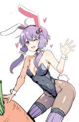 1girl ;d absurdres ahoge ajishio animal_ears bare_shoulders black_hairband black_leotard blush breasts brown_thighhighs carrot cleavage collarbone commentary_request covered_navel detached_collar fake_animal_ears fake_tail female_focus hairband hand_up highleg highleg_leotard highres leaning_forward leotard looking_at_viewer one_eye_closed open_mouth pantyhose playboy_bunny purple_eyes purple_hair purple_thighhighs rabbit_ears rabbit_tail round_teeth short_hair_with_long_locks sidelocks sketch small_breasts smile solo strapless strapless_leotard tail teeth thighhighs thighhighs_over_pantyhose upper_teeth_only vocaloid waving wrist_cuffs yuzuki_yukari