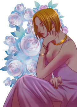 Rule 34 | 1girl, alternate costume, aquiline nose, bare shoulders, blonde hair, bracelet, breasts, cleavage, closed eyes, dress, earrings, floral background, formal clothes, gold necklace, hand on own face, history1357, hunter x hunter, jewelry, large breasts, medium breasts, nail polish, necklace, nose, pakunoda, pink dress, profile, red nails, short hair, sitting, sleeveless, solo