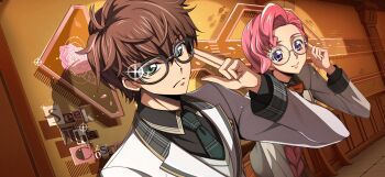 1boy 1girl adjusting_eyewear arrow_(symbol) artist_request black-framed_eyewear black_shirt blue_eyes bow bowtie braid brown_hair buttons closed_mouth code_geass code_geass:_lost_stories collared_shirt dutch_angle english_text euphemia_li_britannia game_cg glasses glint green_eyes green_necktie hair_over_shoulder hand_up happy highres indoors jacket kururugi_suzaku layered_sleeves leaning_forward long_hair long_sleeves looking_at_viewer necktie non-web_source official_art orange_background pink_hair plaid_bow plaid_bowtie plaid_clothes plaid_necktie pleated_skirt pose_imitation red_bow red_bowtie red_skirt round_eyewear school_uniform serious shirt short_hair sidelocks single_braid skirt smile standing upper_body white-framed_eyewear white_jacket
