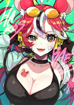 absurdres animal_ears black_choker black_hair breasts character_name choker crop_top dice dice_hair_ornament eyewear_on_head fangs hair_ornament hakos_baelz hands_on_headphones headphones highres hololive hololive_english iris_(tb33064667) jacket large_breasts looking_at_viewer mouse_ears paint_splatter red_hair sharp_teeth simple_background sticker sticker_on_chest sticker_on_face sunglasses teeth virtual_youtuber white_hair writing