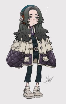 Rule 34 | 1girl, belt, character request, denim, freckles, full body, gachiakuta, grey background, headphones, highres, jacket, jeans, long hair, official art, pants, simple background, solo, tagme, urana kei