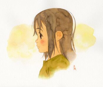 1girl analogous_colors archived_source blush brown_eyes brown_hair child chitose commentary dated_commentary frown long_hair original painting_(medium) profile shirt sidelocks signature solo split_mouth tanaka_kunihiko traditional_media upper_body warm_colored watercolor_(medium) yellow_shirt