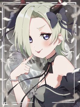 1girl absurdres balloon birthday blonde_hair blue_eyes blush bracelet breasts commentary confetti demon_horns hair_ribbon highres horns jewelry kyaku_tasu looking_at_viewer love_live! love_live!_nijigasaki_high_school_idol_club mia_taylor ribbon signature small_breasts solo tongue tongue_out twitter_username upper_body watermark