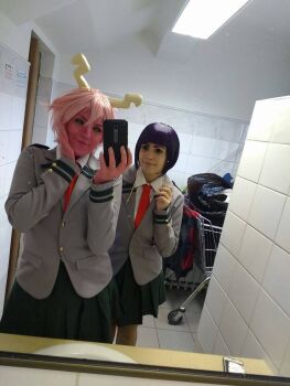 Rule 34 | 2girls, ashido mina, ashido mina (cosplay), black sclera, boku no hero academia, closed mouth, colored sclera, cosplay, cosplay photo, fake horns, grey jacket, highres, horns, jacket, jiro kyoka, jiro kyoka (cosplay), messy hair, mirror, multiple girls, necktie, photo (medium), real life, red necktie, school uniform, shirt, smile, solo, source request, u.a. school uniform, white shirt, yellow eyes, yellow horns
