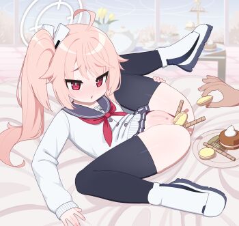 1girl 1other absurdres ahoge anal anal_object_insertion bed_sheet black_thighhighs blue_archive blush cardigan censored cleft_of_venus clothes_lift commentary cromachina english_commentary food food_in_ass food_insertion full_body furrowed_brow halo highres indoors loli long_hair lying m_legs macaron mixed-language_commentary mosaic_censoring natsu_(blue_archive) neckerchief no_panties object_insertion on_back parted_lips pink_hair pussy red_eyes red_neckerchief sailor_collar shoes side_ponytail skirt skirt_lift solo_focus spread_legs thighhighs wafer_stick white_cardigan white_footwear wide_spread_legs