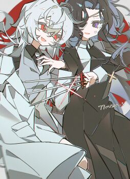 2girls 77misen_s anger_vein between_fingers black_keys_(type-moon) commentary_request cross cross_necklace dress eyepatch fangs fate/strange_fake fate_(series) feet_out_of_frame genderswap genderswap_(mtf) hansa_cervantes highres holding holding_weapon jacket jester_karture jewelry latin_cross mole mole_under_eye multiple_girls necklace necktie nun open_mouth shirt smile weapon