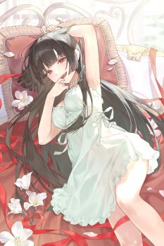 Rule 34 | 1girl, absurdres, arm behind head, armpits, black hair, blunt bangs, blunt sidelocks, commentary request, finger to mouth, flower, frilled nightgown, frills, highres, jewelry, k1my0, korean commentary, light blush, long hair, looking at viewer, lying, necklace, nightgown, on back, on bed, original, parted lips, pearl necklace, petals, pillow, pink flower, red eyes, red ribbon, ribbon, sidelocks, solo, teeth, upper teeth only, very long hair, white flower, white nightgown