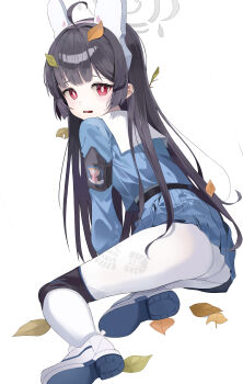 1girl absurdres animal_ear_hairband animal_ears armband black_armband black_hair blue_archive blue_serafuku fake_animal_ears grey_halo hairband halo highres knee_pads long_hair miyu_(blue_archive) pantyhose rabbit_ear_hairband rabbit_ears red_eyes sailor_collar school_uniform serafuku simple_background solo white_background white_hairband white_pantyhose white_sailor_collar ye_oun_e