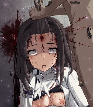 1boy 1girl arknights bite_mark bite_mark_on_breast black_bra blood bra bra_lift breasts breasts_out brown_hair censored clothes_lift crying empty_eyes execution grabbing_another&#039;s_hair guro headshot hetero highres holding_another&#039;s_hair id_card jacket large_penis long_hair material_growth mosaic_censoring necrophilia nipples open_clothes open_jacket open_mouth oripathy_lesion_(arknights) penis priestess_(arknights) purple_eyes sex shaded_face shirt skull_fucking small_breasts solo_focus streaming_tears tears textless_version torn_clothes torn_shirt underwear upper_body vixen9 white_jacket white_shirt