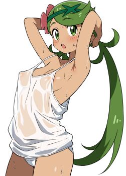 1girl arms_behind_head breasts covered_erect_nipples dark-skinned_female dark_skin ecgg_(tsuji418477) green_eyes green_hair highres long_hair looking_at_viewer low_twintails mallow_(pokemon) medium_breasts nintendo panties pokemon pokemon_sm see-through_clothes simple_background solo sweat tank_top twintails underwear white_background white_panties white_tank_top