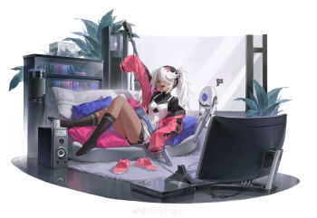 1girl absurdres anti-materiel_rifle arm_up black_hairband black_socks black_sweater bolt_action bookshelf closed_eyes coffee_mug couch cup dark-skinned_female dark_skin electric_fan eyepatch feet full_body girls'_frontline gun hair_between_eyes hair_ornament hairband hairclip highres holding holding_gun holding_weapon hs.50_(girls'_frontline) hs.50_(how_to_train_a_gamer)_(girls'_frontline) jacket jewelry long_hair long_sleeves lying monitor mug necklace no_shoes non-humanoid_robot off_shoulder official_alternate_costume official_art open_mouth overall_shorts overalls pink_jacket pink_slippers plant potted_plant rifle robot sawamaharu ship_in_a_bottle simple_background sleeves_past_fingers sleeves_past_wrists slippers smile sniper_rifle socks solo speaker squiggle steyr_hs_.50 sweater teeth third-party_source turtleneck turtleneck_sweater twintails unworn_slippers upper_teeth_only watermark weapon weibo_watermark white_background white_hair white_overalls window wire