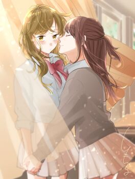 2girls absurdres blonde_hair blush bow bowtie brown_hair child-elie classroom closed_eyes closed_mouth commentary curtains grey_sweater hashtag-only_commentary highres indoors light_particles long_hair multiple_girls original pleated_skirt red_bow red_bowtie school_uniform shirt skirt sweater white_shirt white_skirt yellow_eyes yuri