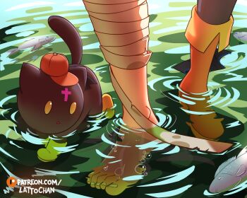 1girl artist_name bandaged_leg bandages black_panties black_thighhighs boots brown_boots brown_eyes chomusuke commentary death english_commentary feet fish foot_focus hat highres kono_subarashii_sekai_ni_shukufuku_wo! lattochan megumin orange_hat panties single_bare_foot single_thighhigh thighhighs triangle_mouth underwear water watermark web_address