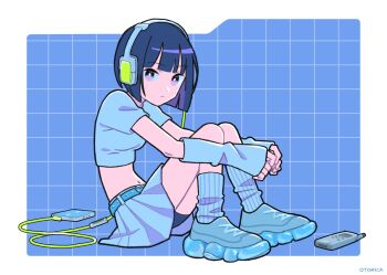 1girl belt blue_arm_warmers blue_belt blue_shirt blue_shoes blue_skirt blue_socks cellphone crop_top cyber_fashion feature_phone headphones highres looking_at_viewer midriff minidisc_player navel original otomica phone purple_eyes shirt shoes short_hair sitting skirt sneakers socks solo sony y2k_fashion