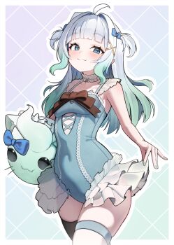 1girl :3 absurdres ahoge alternate_costume alternate_hairstyle aqua_background aqua_hair blue_eyes blue_one-piece_swimsuit blunt_bangs border bow bow_swimsuit breasts brown_bow choker commentary cowboy frilled_choker frilled_one-piece_swimsuit frilled_skirt frills gabigangx gradient_background grey_background grid_background hair_intakes hair_ornament highres holding holding_own_skirt indie_virtual_youtuber long_hair looking_at_viewer looking_to_the_side miniskirt mint_fantome mint_fantome_(minto_2.0) multicolored_hair one-piece_swimsuit outline outside_border see-through_clothes see-through_skirt showgirl_skirt sidelocks skirt small_breasts smile solo standing swimsuit thigh_strap thighhighs two_side_up virtual_youtuber western white_border white_outline wisps_(mint_fantome)