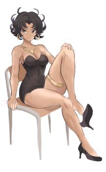 Rule 34 | 1girl, betty boop, betty boop (character), black dress, black eyes, black footwear, bracelet, breasts, chair, dress, earrings, gold earrings, gold necklace, high heels, highres, hoop earrings, jewelry, medium breasts, messy hair, necklace, on chair, parted bangs, rakeemspoon, short hair, simple background, sitting, solo, thighlet, thighs, white background