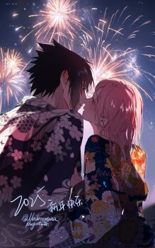 1boy 1girl aerial_fireworks black_eyes black_hair blush eye_contact fireworks from_behind green_eyes haruno_sakura highres imminent_kiss japanese_clothes kimono looking_at_another mushroomuaa naruto_(series) new_year night night_sky obi pink_hair sash short_hair sky sleeve_pull spiked_hair uchiha_sasuke