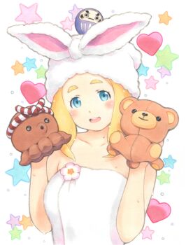 1girl :d animal_ears bare_arms blonde_hair blue_eyes blush breasts collarbone commentary_request daruma_doll fake_animal_ears flower heart highres holding holding_stuffed_toy indie_virtual_youtuber kouhaku_nawa looking_at_viewer medium_hair naked_towel object_on_head open_mouth pink_flower rabbit_ears rope shimenawa shinonome_megu smile solo star_(symbol) star_symbol_background stuffed_animal stuffed_octopus stuffed_toy teddy_bear teeth thick_eyebrows towel towel_on_head upper_body upper_teeth_only virtual_youtuber wet white_background yug_(ekaki)