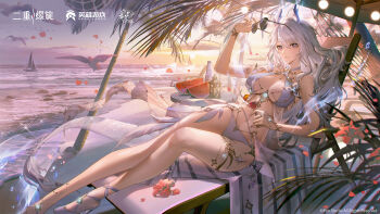 1girl absurdres animal antlers bare_shoulders beach beach_chair beach_umbrella bikini bird blue_eyes boat breasts chair company_name copyright_notice cup drink duet_night_abyss flower food fruit fushu_(duet_night_abyss) glass highres holding holding_cup holding_drink holding_removed_eyewear horns large_breasts long_hair looking_at_viewer ocean official_alternate_costume official_art on_chair parted_lips red_flower sailboat seagull sitting solo sunglasses swimsuit umbrella unworn_eyewear water watercraft watermark watermelon watermelon_slice white_bikini white_bird white_hair