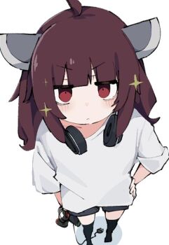 1girl ahoge brown_hair controller from_above frown game_controller gamepad hand_on_own_hip headphones headphones_around_neck looking_at_viewer nutaji red_eyes shirt short_shorts shorts solo sparkle t-shirt thighhighs touhoku_kiritan twintails voiceroid white_background