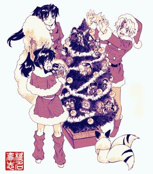 3girls barefoot character_request christmas christmas_tree closed_mouth dress figure greyscale han'you_no_yashahime hat higurashi_kagome higurashi_towa holding holding_stuffed_toy inuyasha inuyasha_(character) kikyou_(inuyasha) long_hair miroku_(inuyasha) monochrome moroha multiple_girls official_art open_mouth ponytail sango_(inuyasha) santa_costume santa_dress santa_hat sesshoumaru setsuna_(inuyasha) shiina_takashi shippou_(inuyasha) simple_background skirt smile stuffed_animal stuffed_toy white_background