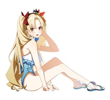 1girl absurdres black_hairband blonde_hair blush commentary_request ereshkigal_(fate) ereshkigal_(swimsuit_beast)_(fate) fate/grand_order fate_(series) frilled_one-piece_swimsuit frills hair_ribbon hairband highres ip0flv long_hair looking_at_viewer one-piece_swimsuit open_mouth parted_bangs red_eyes red_ribbon ribbon sandals simple_background sitting smile solo swimsuit two_side_up white_background