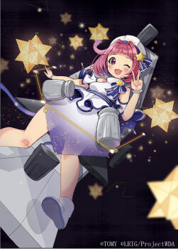 1girl beret black_background copyright_notice hair_ornament hat highres kei_s01 looking_at_viewer microscopium_(wixoss) official_art one_eye_closed open_mouth pink_eyes pink_hair smile solo star_(symbol) star_hair_ornament v white_hat wixoss