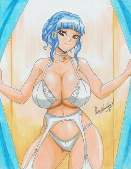 1girl absurdres alternate_breast_size_(larger) blue_hair bra braid breasts brown_eyes cleavage commission curtain_grab curtains fire_emblem fire_emblem:_three_houses garter_belt gluteal_fold highres huge_breasts lingerie looking_at_viewer marianne_von_edmund nintendo panties ravernclouk_design retro_artstyle short_hair sidelocks smile solo thick_thighs thighhighs thighs traditional_media underboob underwear white_bra white_panties