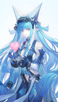 1girl absurdres arknights arknights:_endfield bare_shoulders blue_bodysuit blue_gloves blue_hair bodysuit breasts check_clothing clothing_cutout clothing_request commentary_request cowboy_shot echj gloves hands_up headdress heart highres last_rite_(arknights) long_hair long_pointy_ears long_sidelocks looking_at_viewer medium_breasts navel orange_eyes parted_lips pointy_ears side_cutout sidelocks sleeveless sleeveless_bodysuit smile solo stomach_cutout very_long_hair