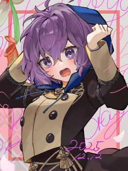 1girl bernadetta_von_varley blush breasts buttons commentary_request dated fire_emblem fire_emblem:_three_houses garreg_mach_monastery_uniform hair_between_eyes happy_birthday hood hood_up long_sleeves looking_at_viewer nintendo open_mouth purple_eyes purple_hair sakura_no_yoru short_hair small_breasts solo upper_body