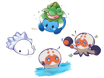 ^_^ azurill black_eyes clobbopus closed_eyes commentary_request fomantis gen_3_pokemon gen_7_pokemon gen_8_pokemon heart highres nanimo_(7nai_nanimo) nintendo no_humans on_head open_mouth pokemon pokemon_(creature) pokemon_focus pokemon_on_head snom solid_circle_eyes translation_request water white_background