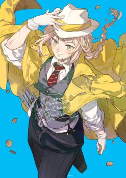 1girl arrow_(projectile) aubz black_pants blue_background braid braided_ponytail buttons closed_mouth coat coin collared_shirt commentary commission cosplay english_commentary formal_clothes green_eyes grey_suit h'aanit_(octopath_traveler) hat highres necktie octopath_traveler octopath_traveler_i octopath_traveler_ii open_clothes open_coat pants partitio_yellowil partitio_yellowil_(cosplay) pink_hair pink_lips pink_pupils red_necktie scar scar_on_arm shirt smile solo standing suit vgen_commission white_hat white_shirt yellow_coat