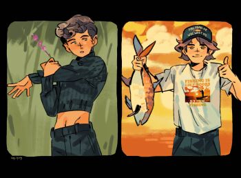 2boys animal artist_name bad_tag baseball_cap black_hat black_pants black_sweater brown_eyes brown_hair closed_mouth commentary cropped_sweater english_commentary fish formula_one green_eyes hat helmet highres holding holding_animal holding_fish lando_norris long_sleeves looking_at_poses_to_draw_and_(meme) looking_at_viewer male_focus meme midriff multiple_boys oscar_piastri pants parted_lips print_hat print_shirt real_life shirt short_sleeves smile sog_goog sweater thumbs_up white_shirt women_want_me_fish_fear_me_(meme)