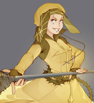 1girl blue_eyes chain commentary cowboy_shot cross dress english_commentary evil_grin evil_smile face_piercing fang fingerless_gloves floral_print gloves grey_background grin hat highres holding holding_polearm holding_weapon long_sleeves multiple_piercings nose nun piercing polearm simple_background smile solo spikes teeth thorns toaru_majutsu_no_index v-shaped_eyebrows vent_of_the_front vilatile weapon yellow_dress yellow_hat