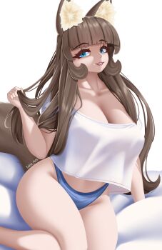 Rule 34 | 1girl, absurdres, animal ear fluff, animal ears, blanket, blue eyes, breasts, brown hair, cat ears, cat girl, cat tail, fang, fluffy, highres, large breasts, long hair, looking at viewer, original, panties, shirt, simple background, smile, tail, takie, takie arts, thick thighs, thighs, underwear, very long hair, white shirt