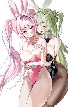 2girls absurdres alice_(nikke) alice_(wonderland_bunny)_(nikke) animal_ear_hairband animal_ears bare_shoulders black_leotard black_pantyhose blush bow bowtie breasts cleavage closed_eyes covered_navel detached_collar fake_animal_ears goddess_of_victory:_nikke green_hair hairband highleg highleg_leotard highres kopepan_(kopepann11) large_breasts leotard long_hair looking_at_another multiple_girls pantyhose pink_hair playboy_bunny rabbit_ear_hairband rabbit_ears red_eyes simple_background smile soda_(nikke) soda_(twinkling_bunny)_(nikke) strapless strapless_leotard white_background white_pantyhose white_wrist_cuffs wrist_cuffs yuri